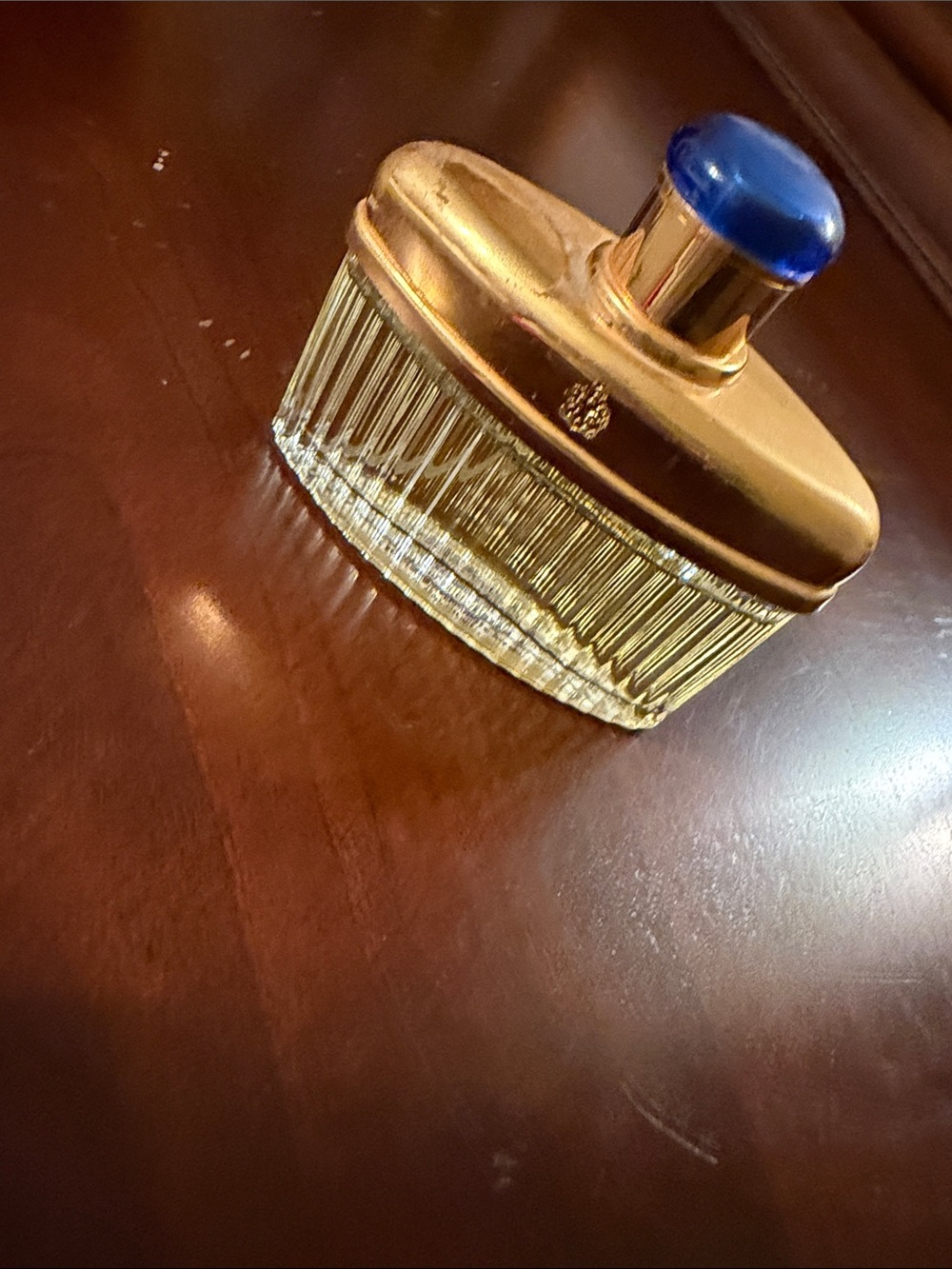 Elegant Gold Glass Vanity Jar with Blue Accent vintage perfume